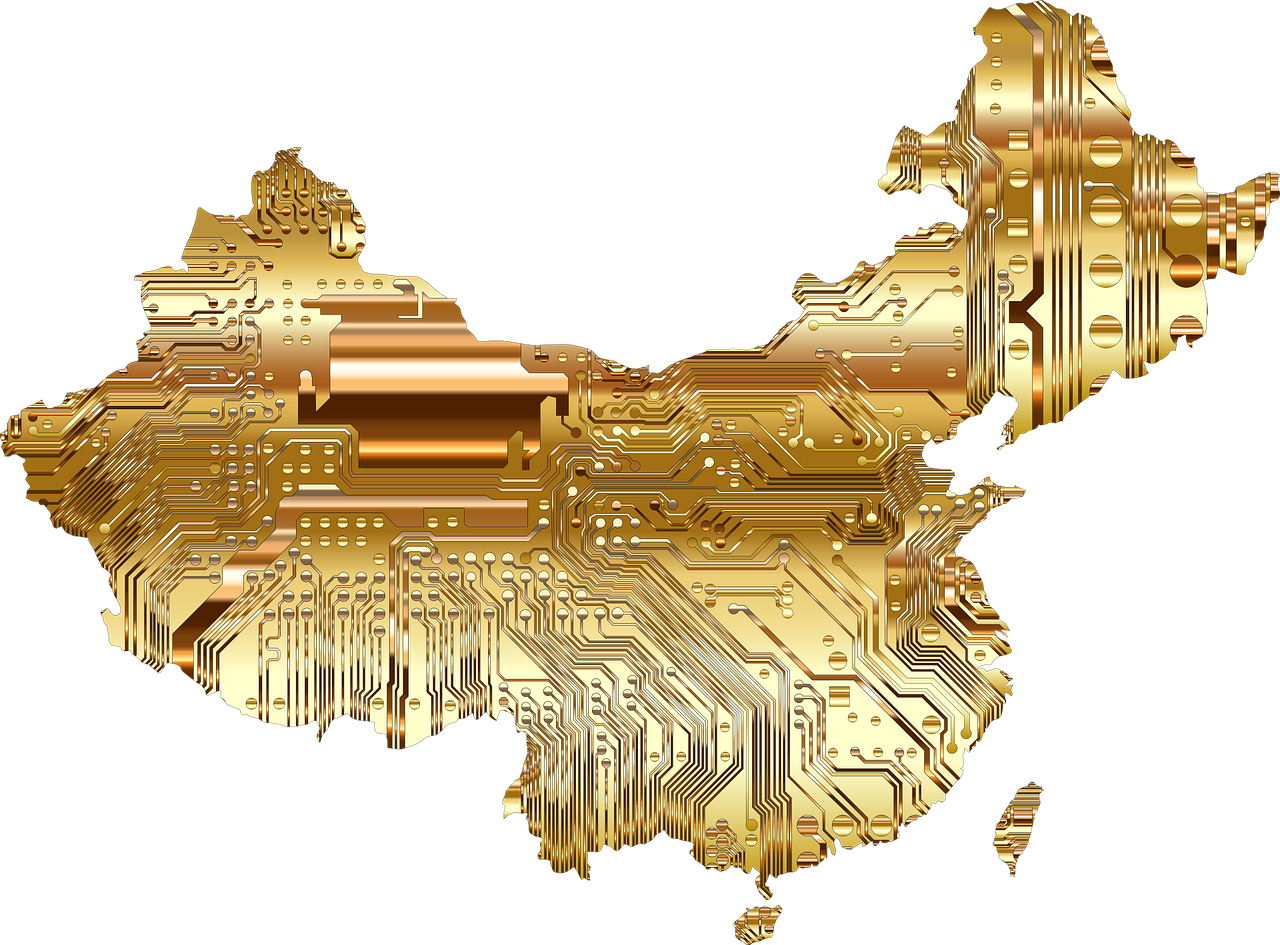 Ilustração estilizada do contorno geográfico da China preenchido com um padrão dourado de placa de circuito eletrônico, sobre fundo preto