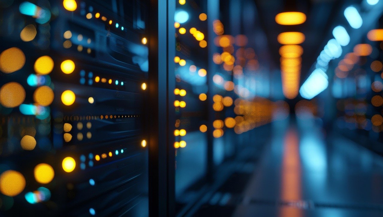 Corredor de data center com fileiras de racks de servidores e luzes amarelas e azuis desfocadas ao fundo