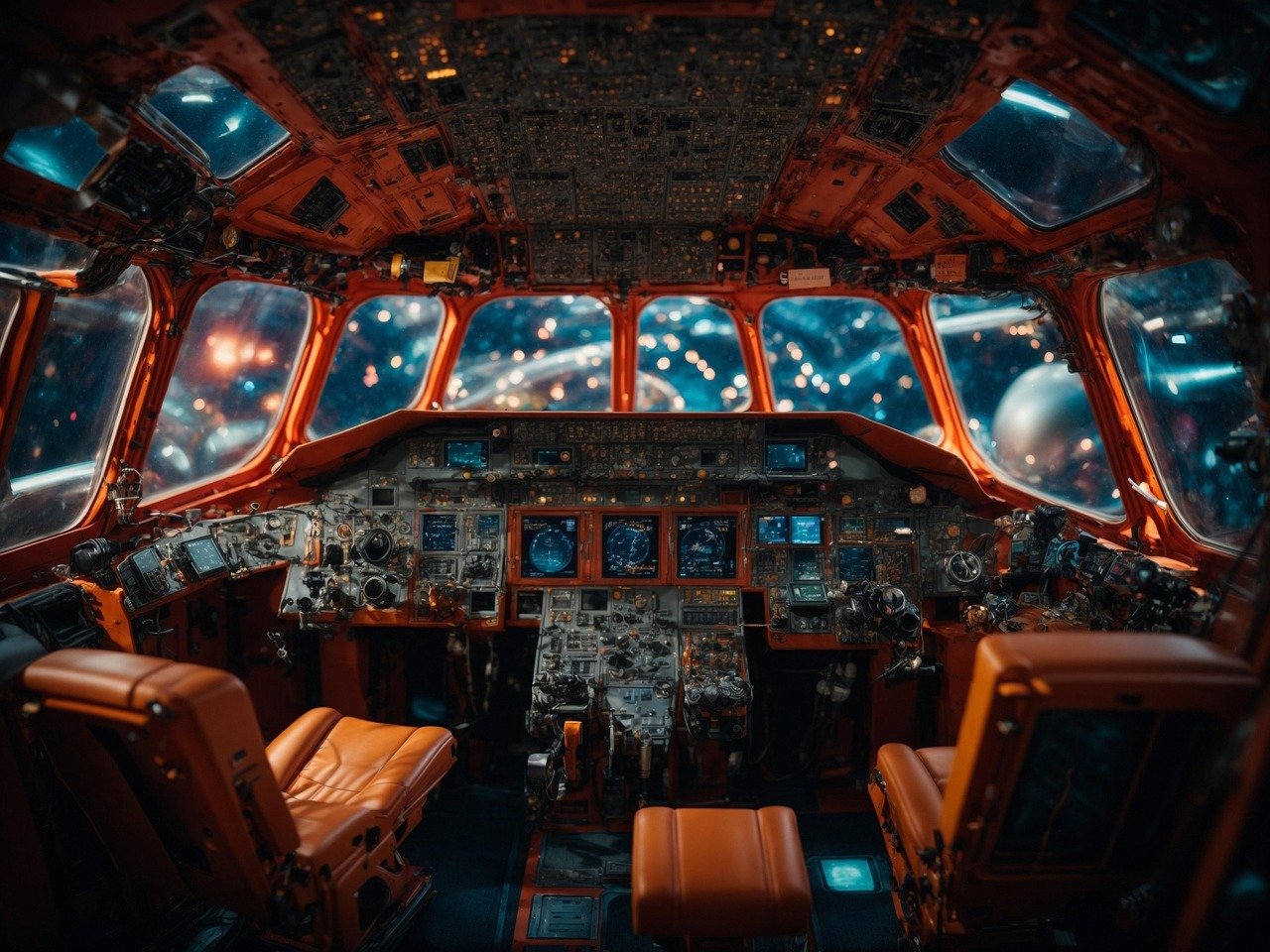 Ilustração gerada por IA do interior de uma cabine de avião, com painéis cheios de telas e instrumentos, bancos laranja e janelas que mostram um fundo azul cintilante