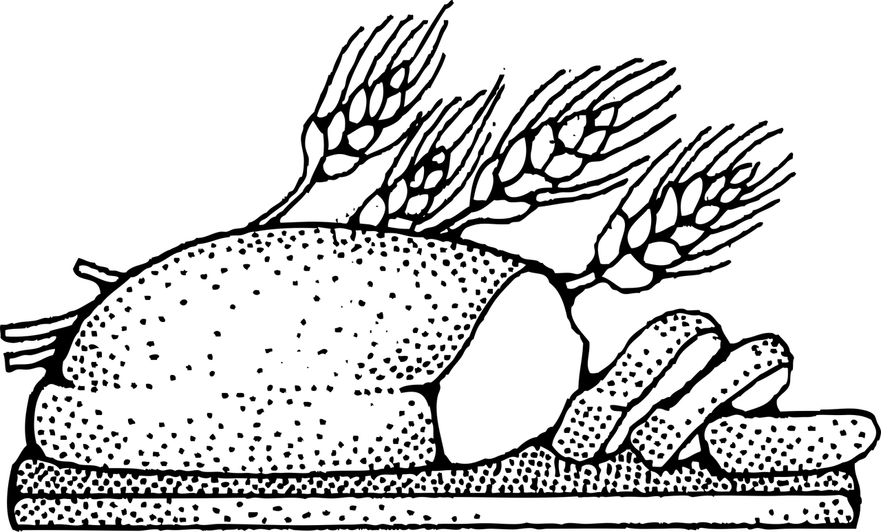 Ilustração em traço preto e branco de um pão de grão integral fatiado sobre uma tábua, com espigas de trigo ao fundo.