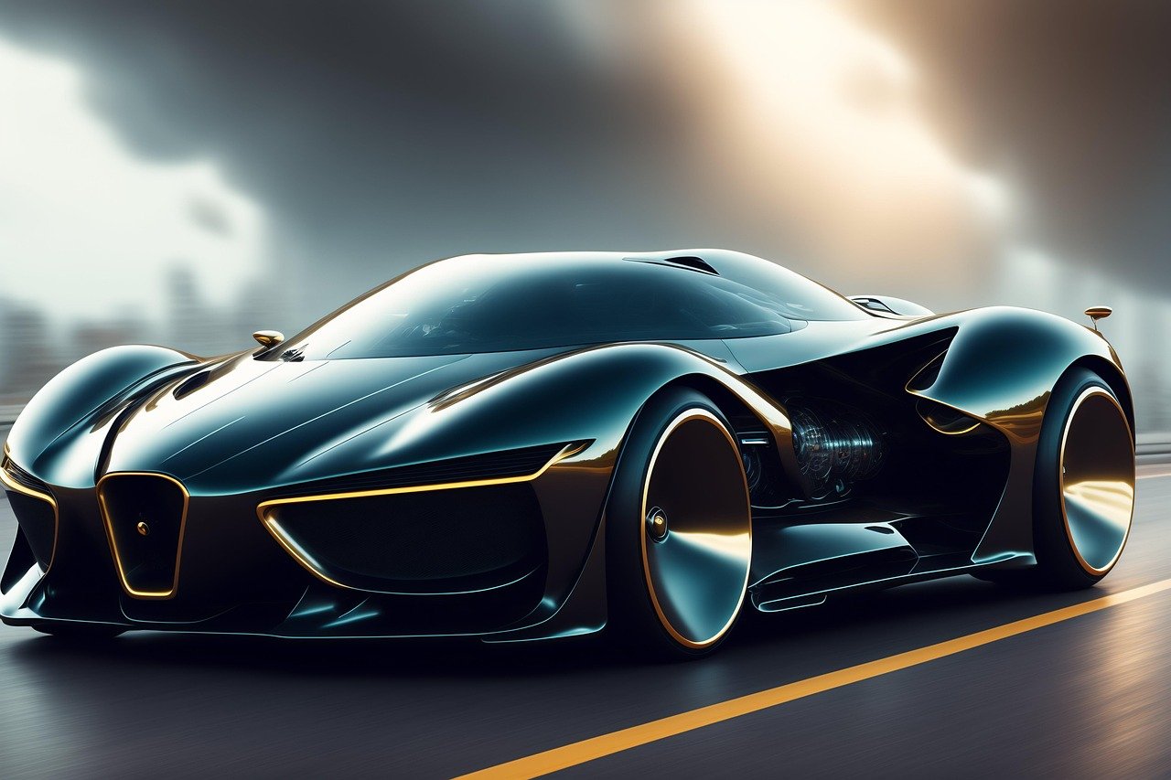 Ilustração de um carro conceito futurista preto e dourado, sem identificação de marca