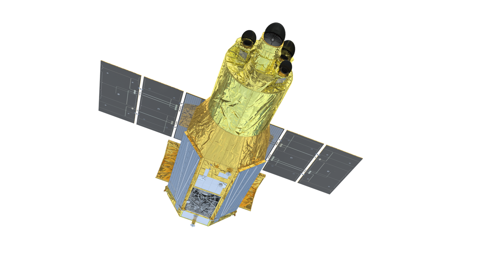 Ilustração da NASA do satélite XRISM sobre fundo preto