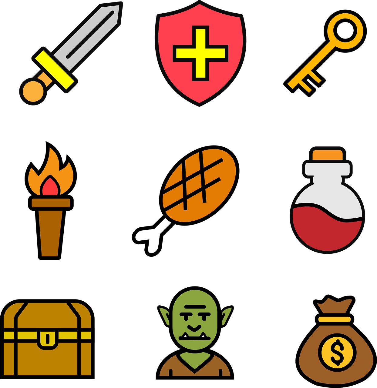 Ilustração com nove ícones coloridos de jogo de fantasia: espada, escudo, chave, tocha, coxa assada, poção vermelha, baú, um goblin verde e um saco de moedas